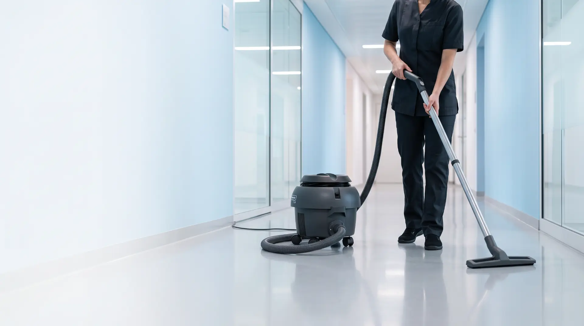 AI-generated product scene — Wet and dry vacuum cleaner in a clinical corridor
