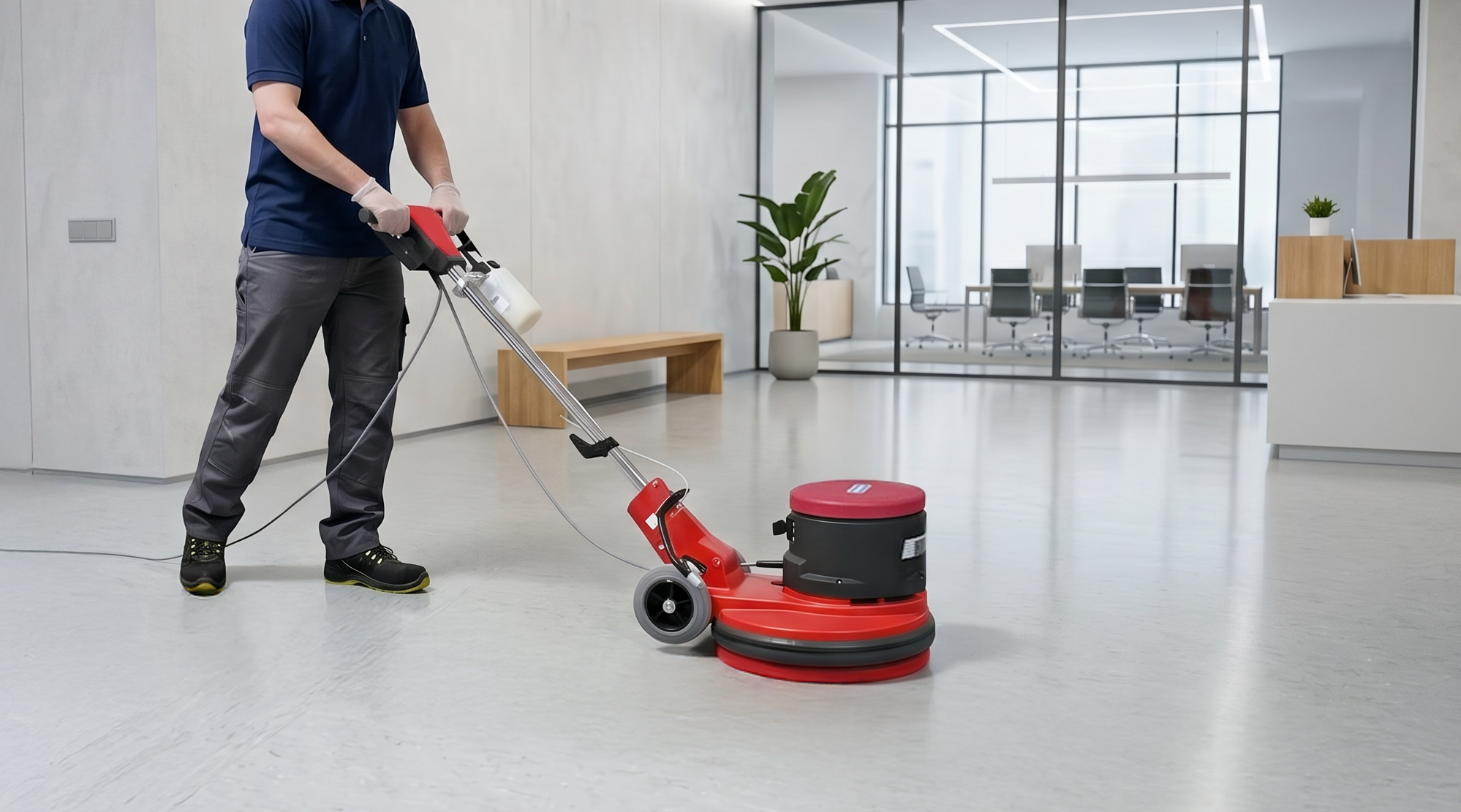 AI-generated product scene — DuoSpeed floor machine in a corporate interior