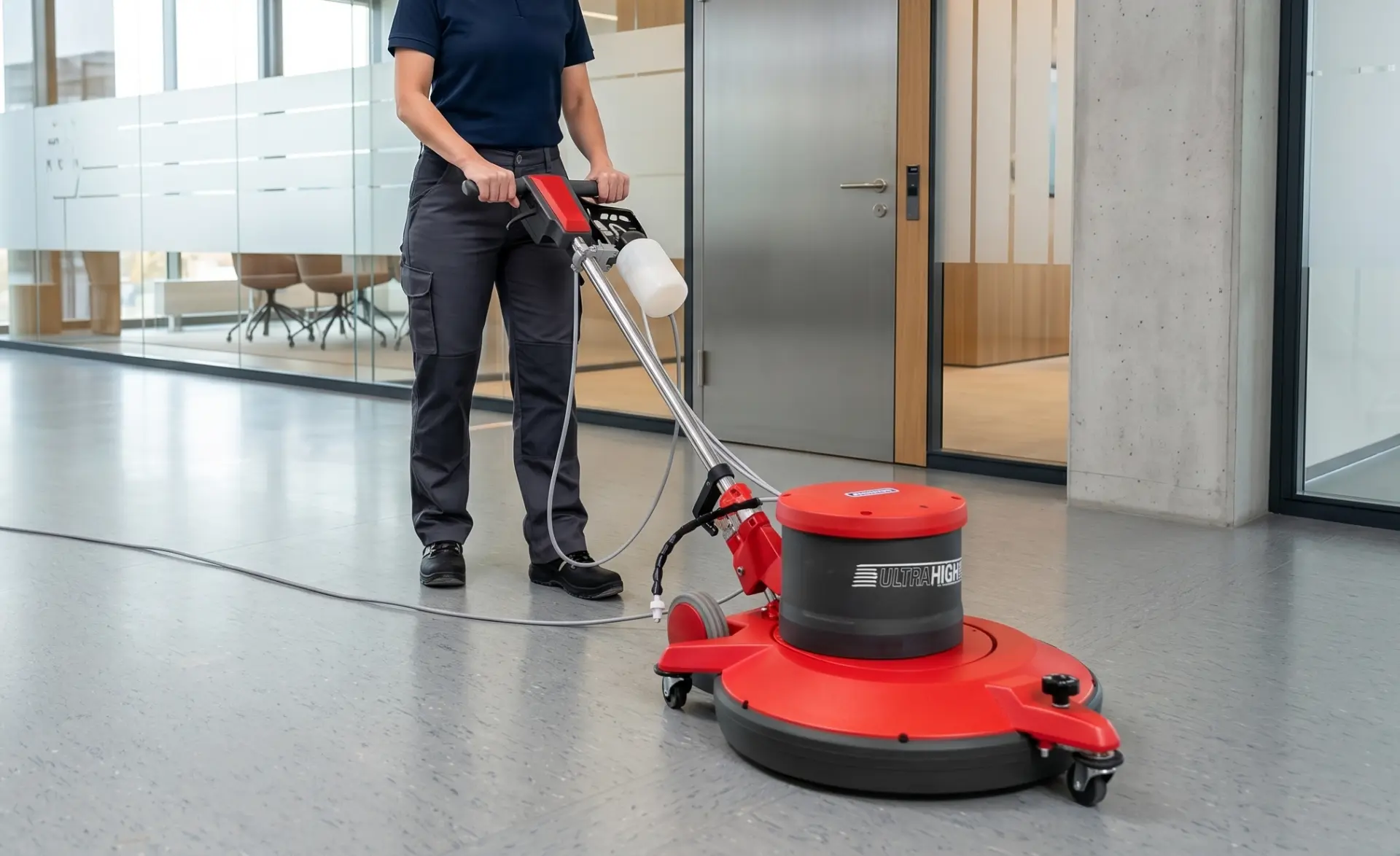 AI-generated product scene — Ultra High-Speed floor polisher in a modern office