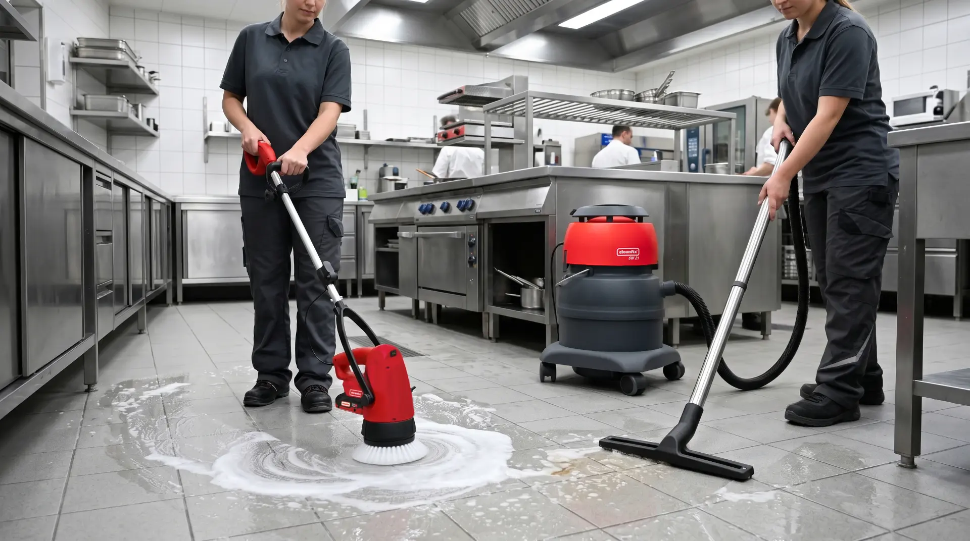 AI-generated product scene — Scrubby floor cleaning machine in a commercial kitchen