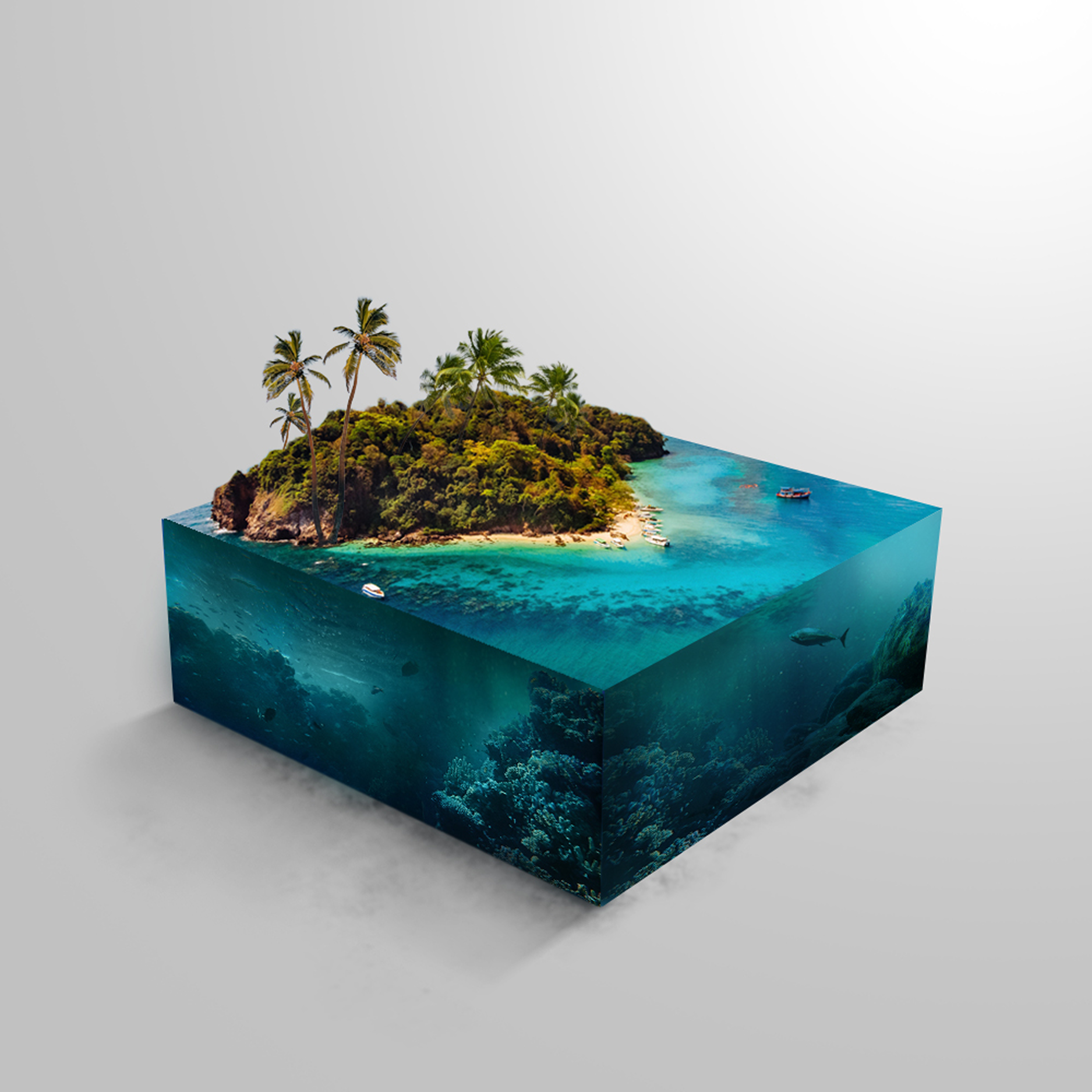 Creative photo manipulation — tropical island in a glass block