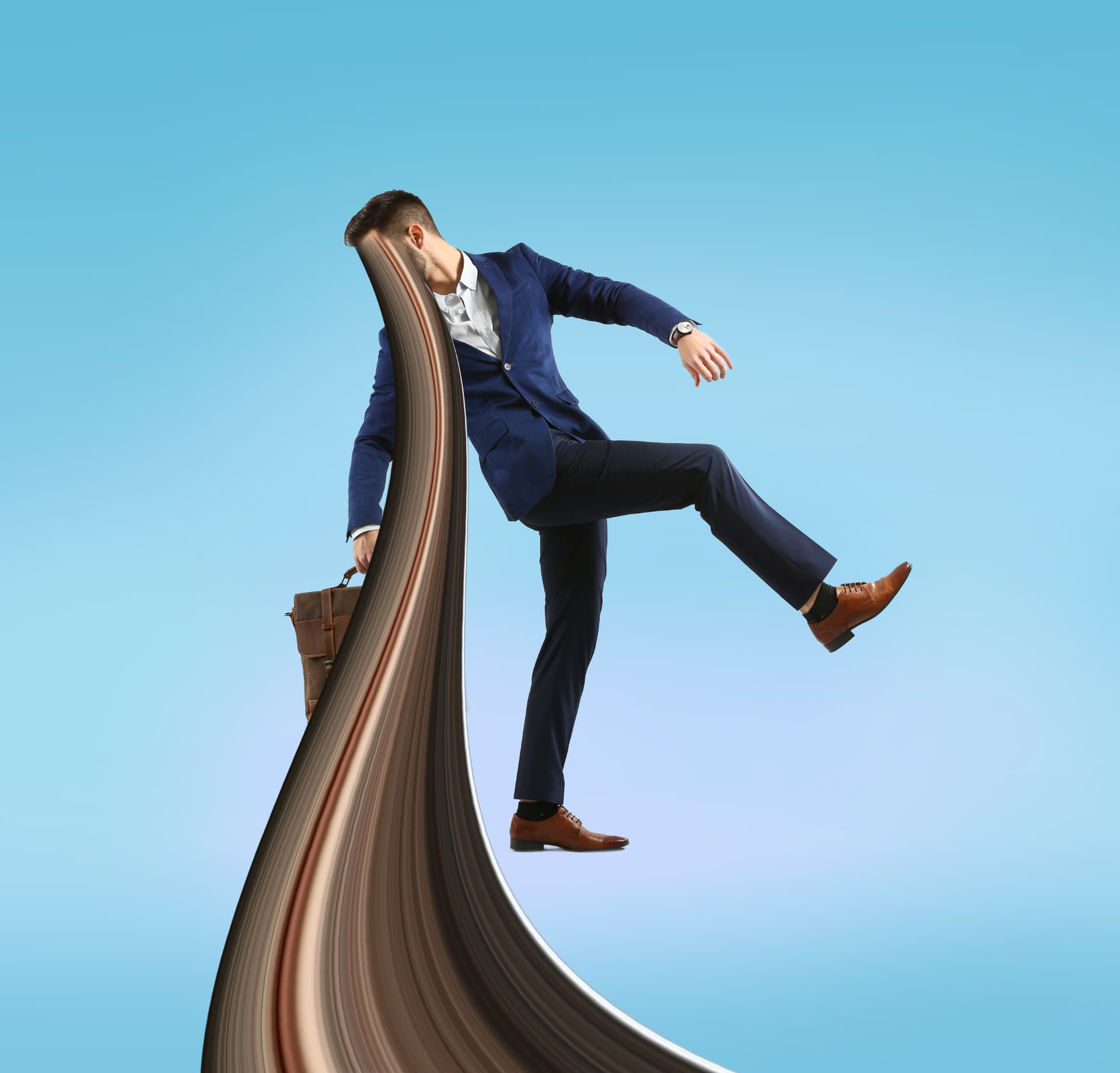 Creative photo manipulation — businessman stepping out of a road wave