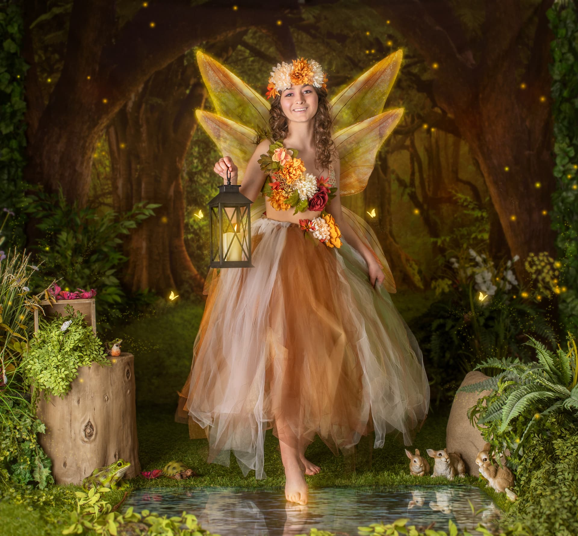 Fantasy portrait compositing — fairy with a lantern in an enchanted forest